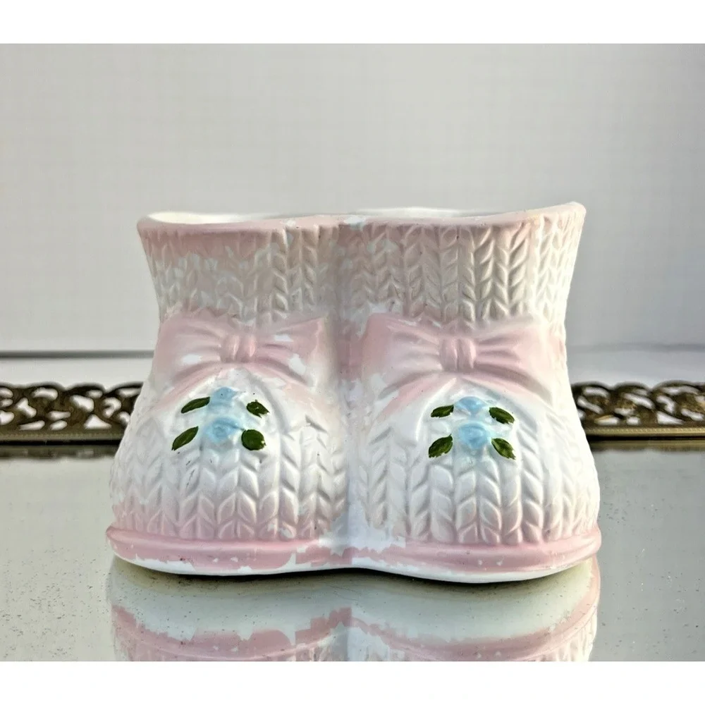 Baby Bootie Planter Napco Pink Nursery Double Shoe Vase Japan‎ Vintage Ceramic